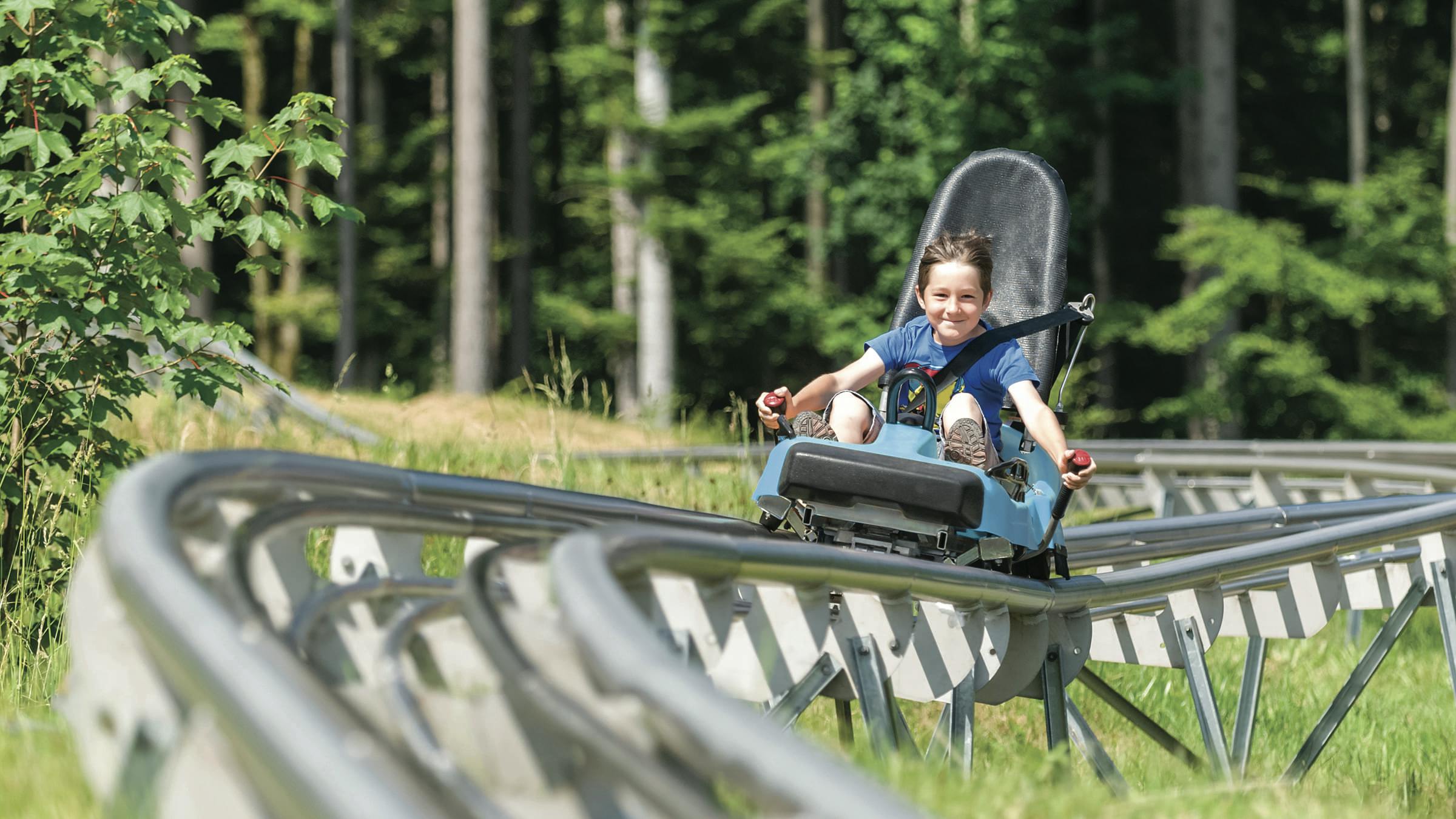 Kid riding the Mammoth Mountain Coaster in summer.
