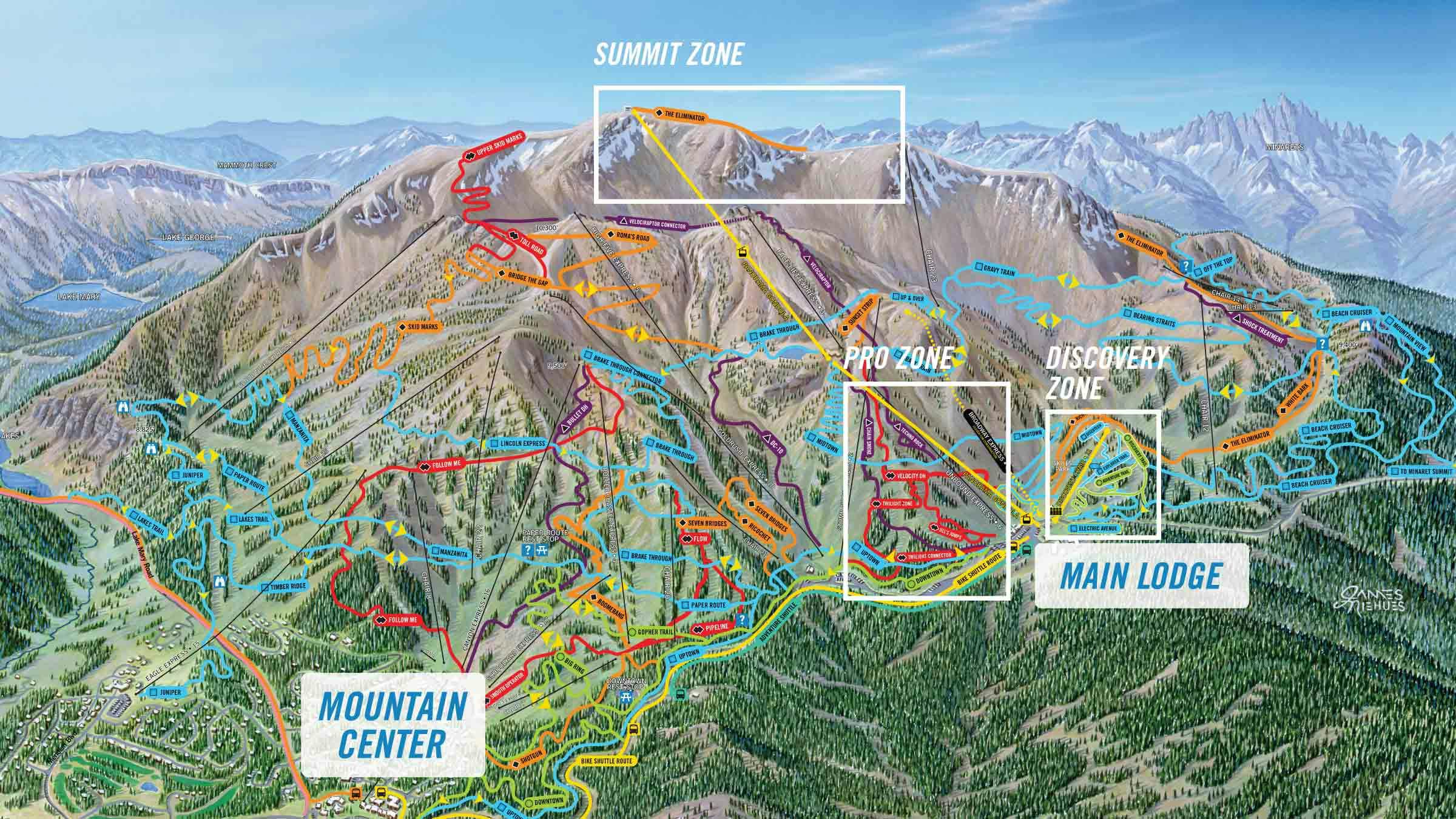 Bike Park map showing locations of each base lodge at Mammoth Mountain.