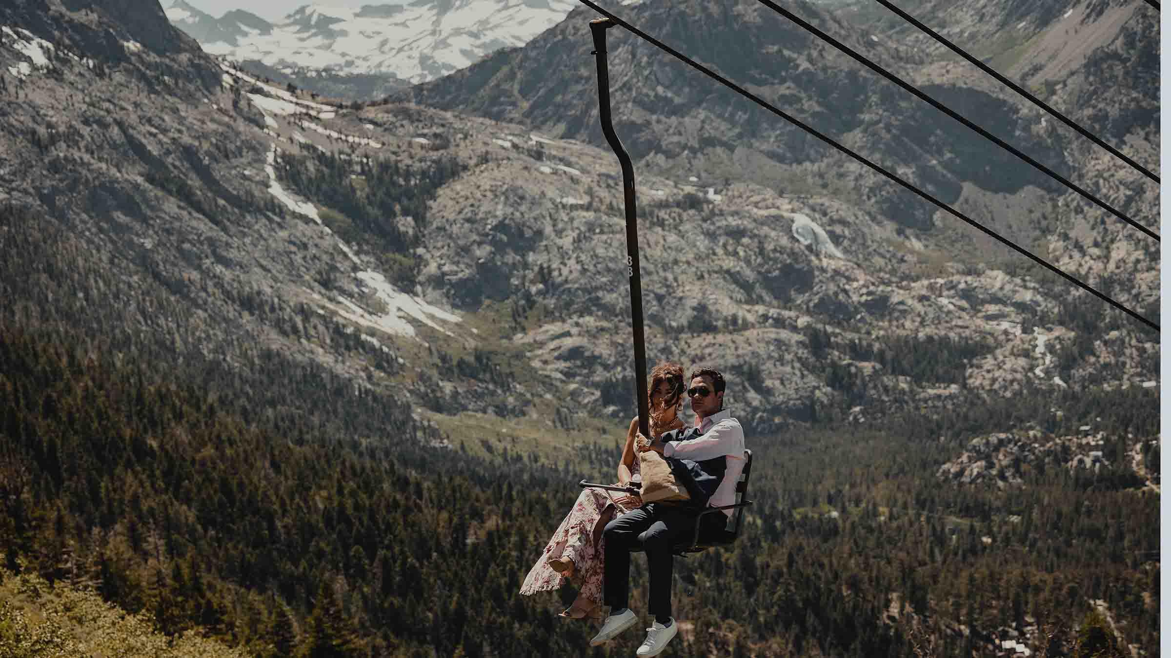 Wedding guests riding up J1 chairlift