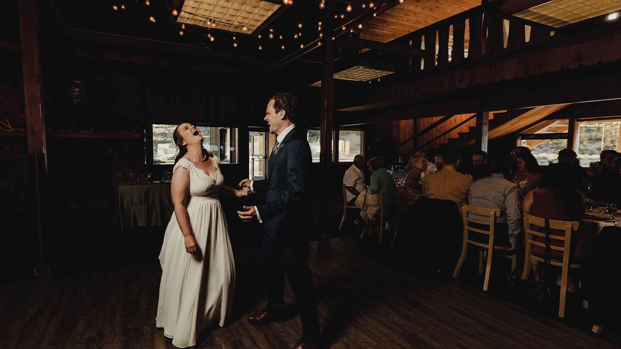 Bride and groom dancing at June Mountain