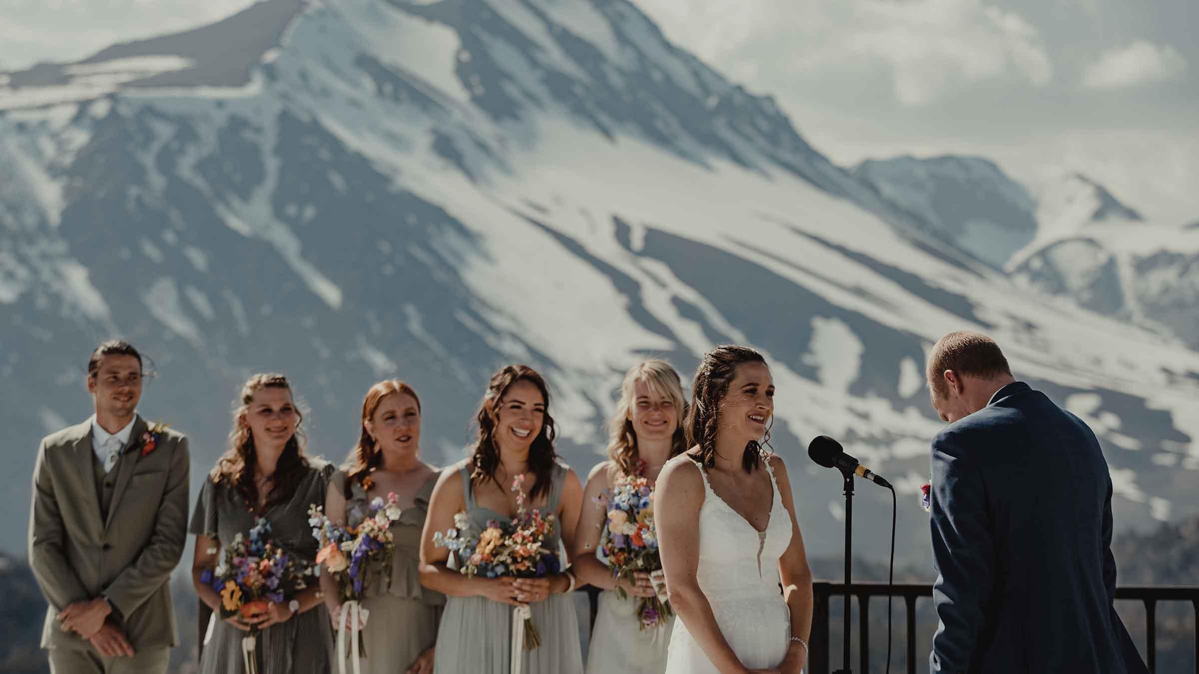 Bride and groom exchanging vows at June Mountain