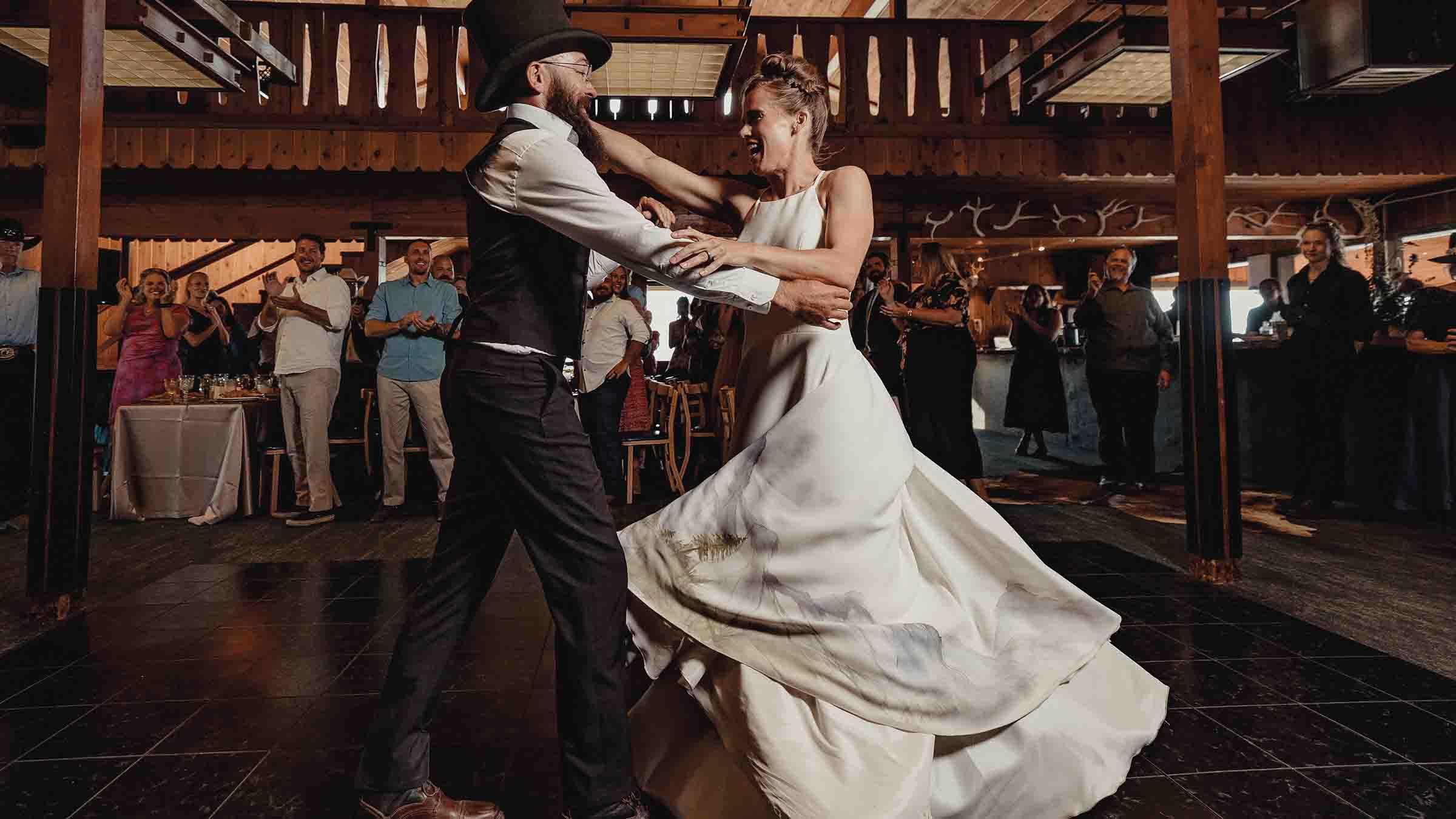 Bride and groom dancing at June Mountain