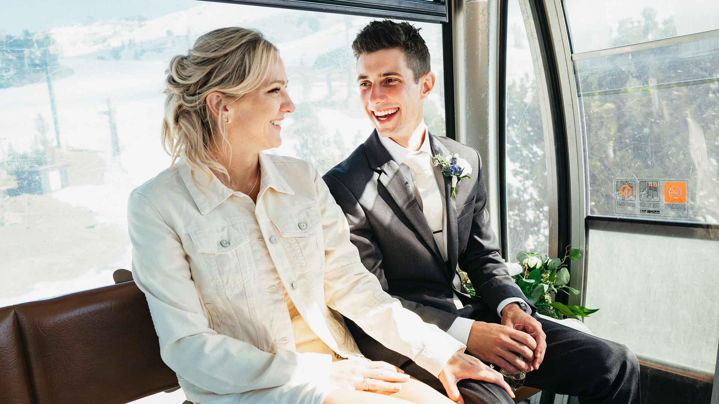 A Bride and Groom ride the Mammoth Mountain Gondola 