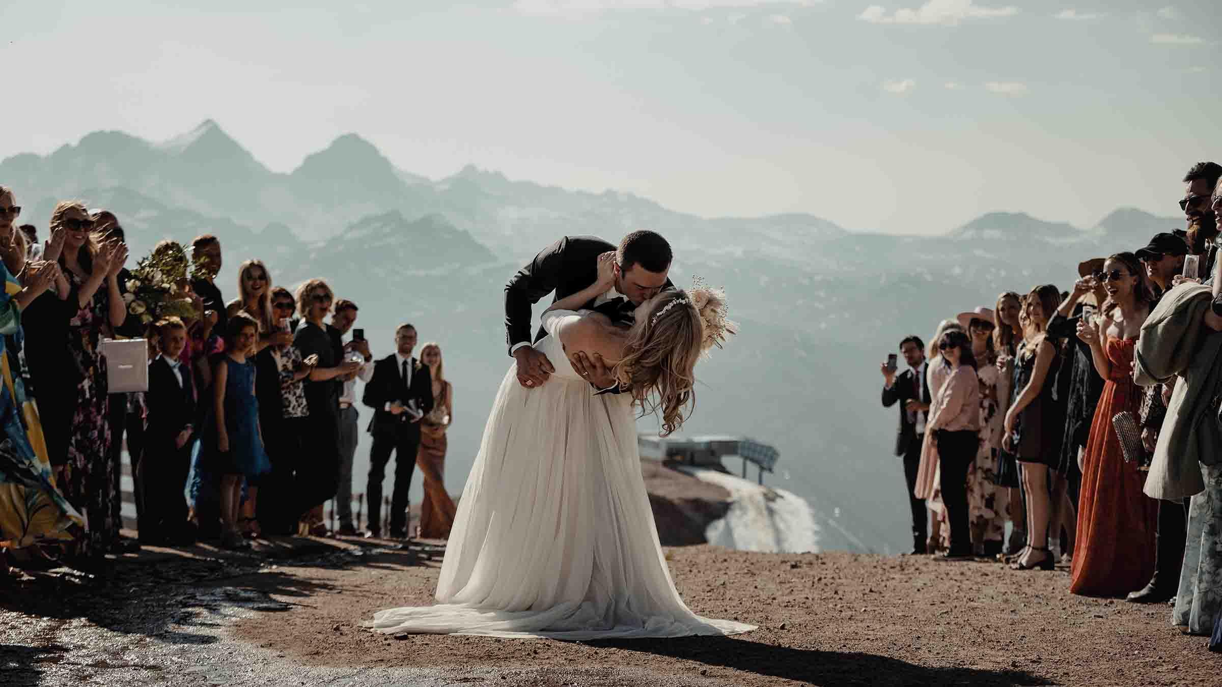 Bride and groom at the summit of Mammoth Mountain