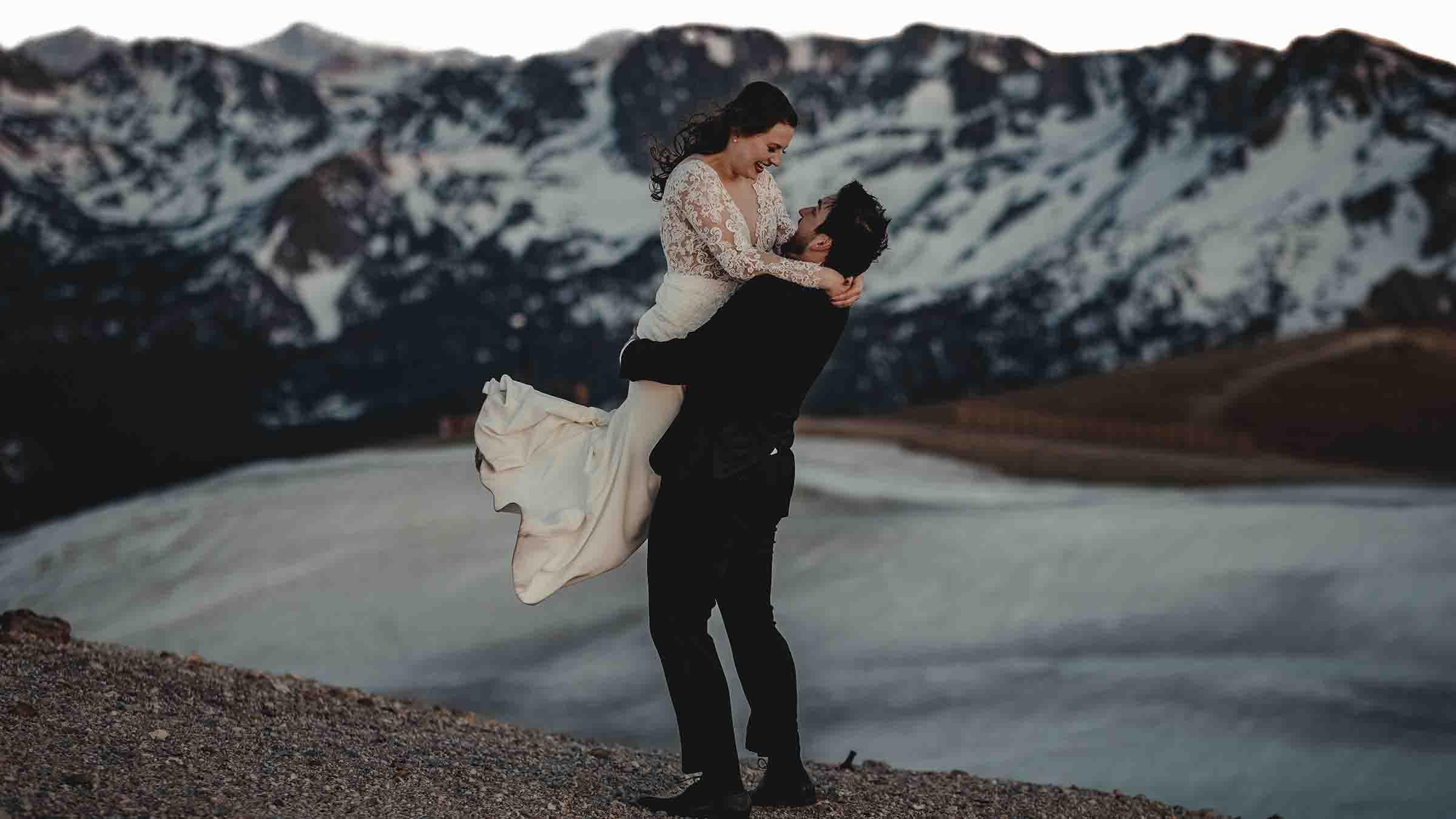 Bride and groom at the summit of Mammoth Mountain