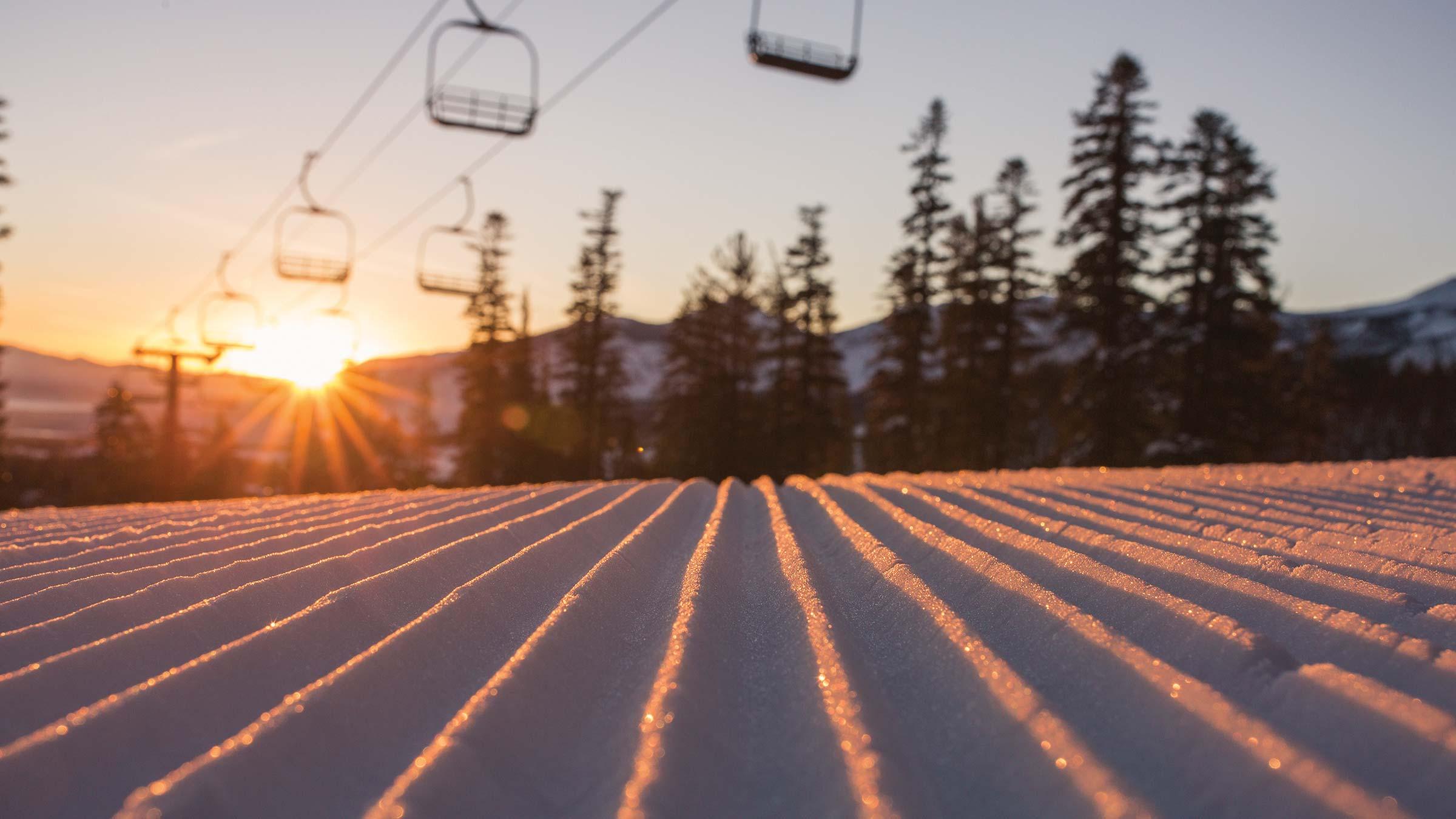 Groomed run under Chair 17 at sunrise