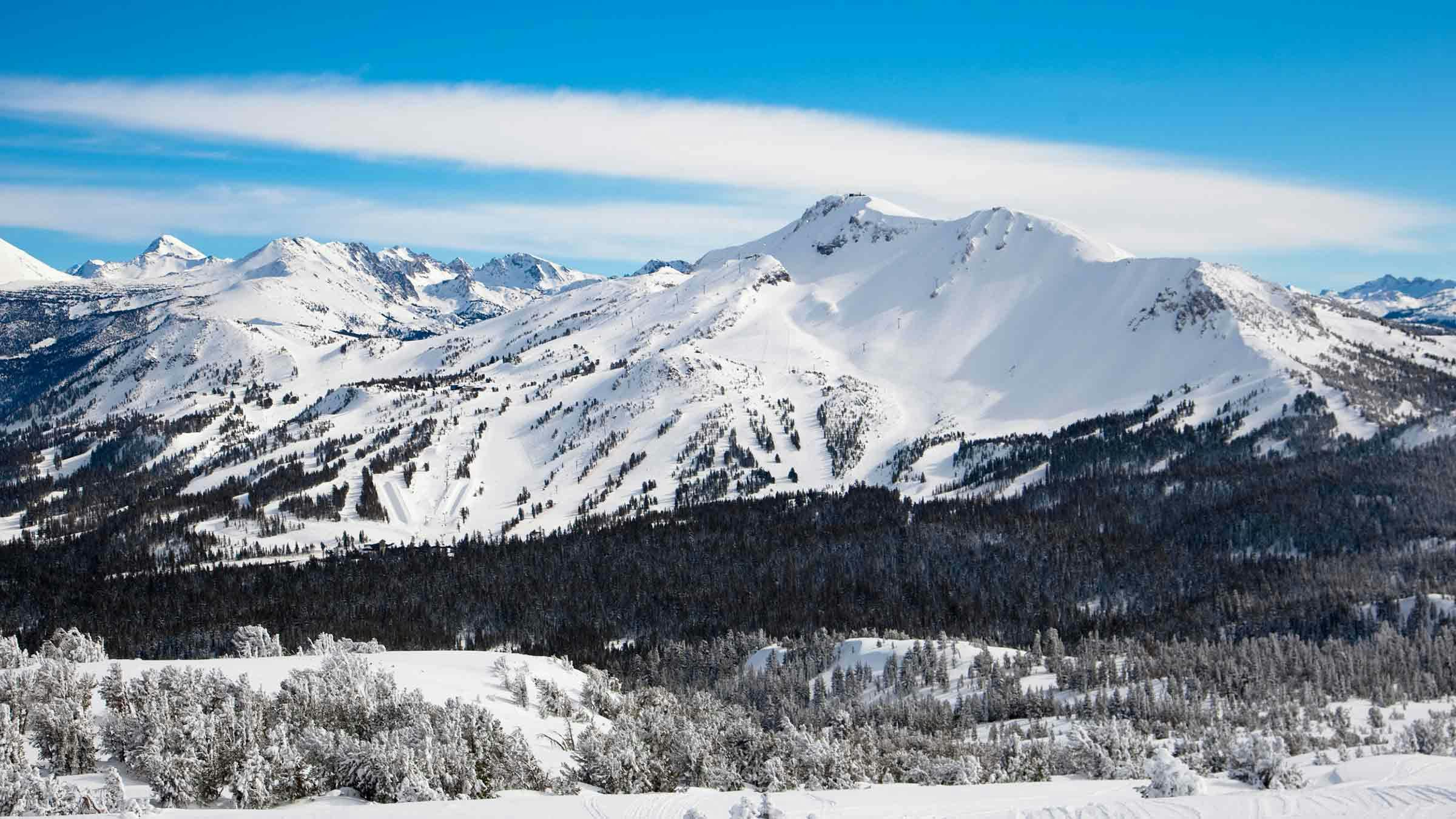 Scenic winter image of Mammoth Mountain covered in snow.